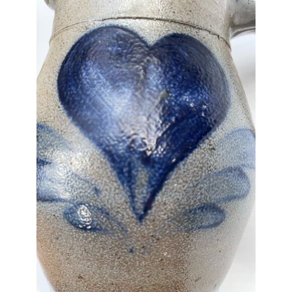 Salt Glazed Stoneware Small Pitcher Creamer Blue Cobalt Heart Country Farmhouse - Picture 3 of 11